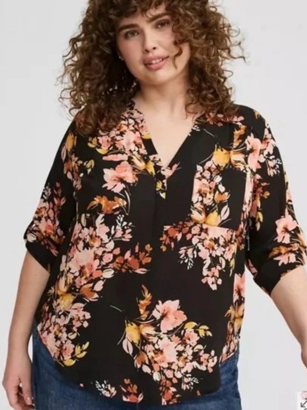 Floral V-Neck Blouse in Black with Peach and Yellow Blooms